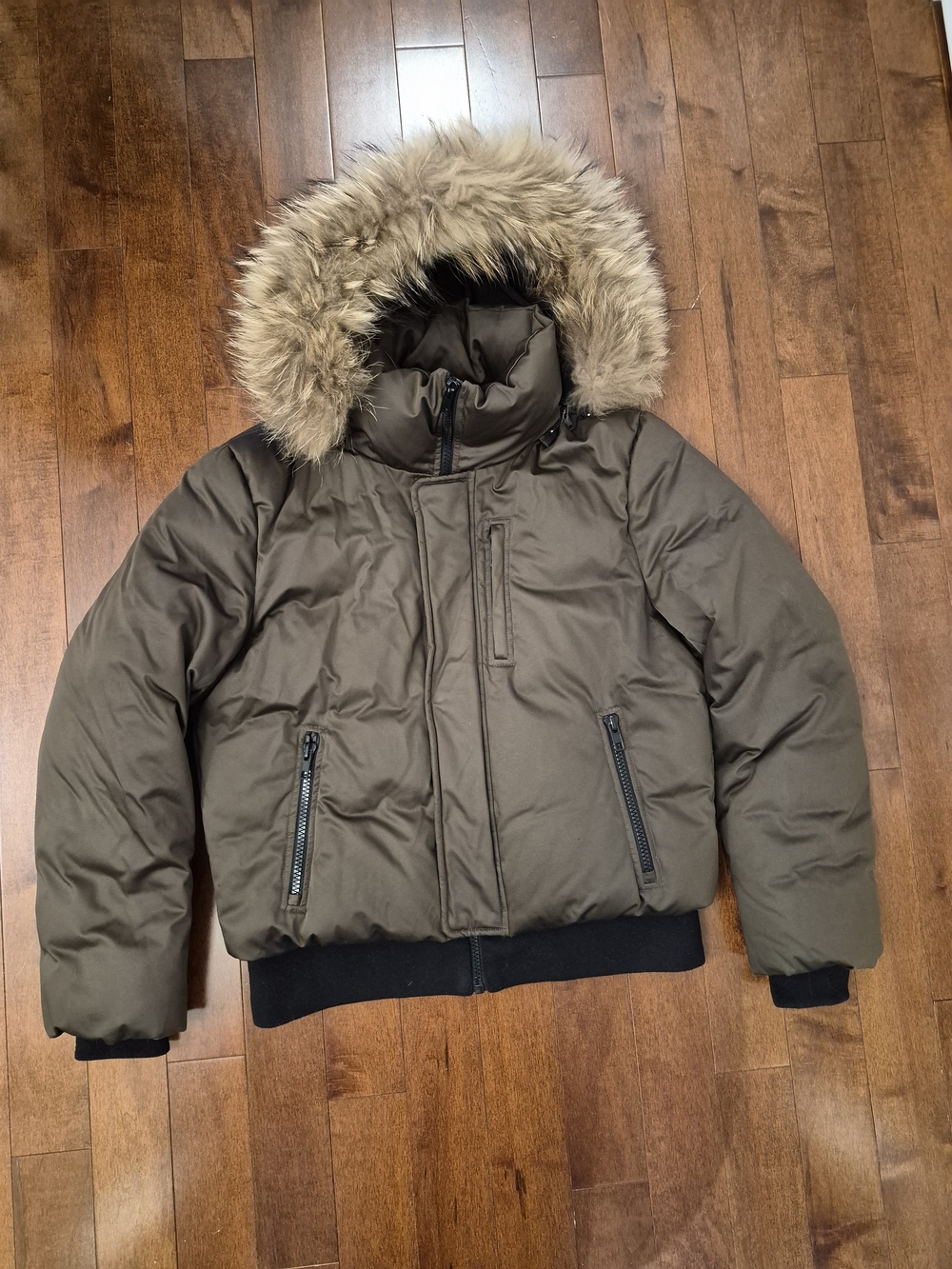 Soia & Kyo women's down filled bomber jacket with fur hood in size medium